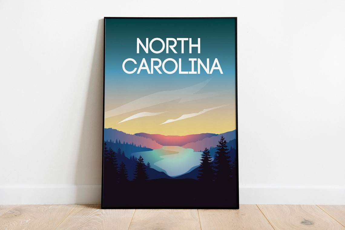 North Carolina Mountain Lake Sunset Pines Illustration Travel Poster