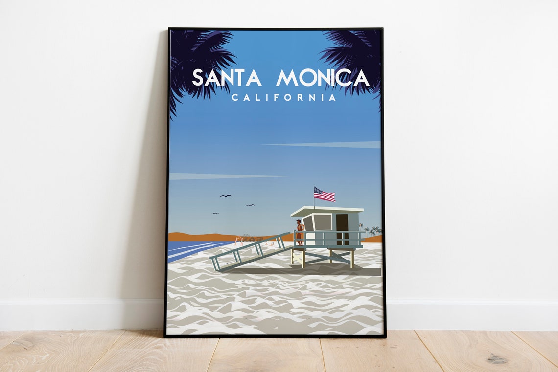 Santa Monica California Lifeguard Tower Beach Flag Travel Poster