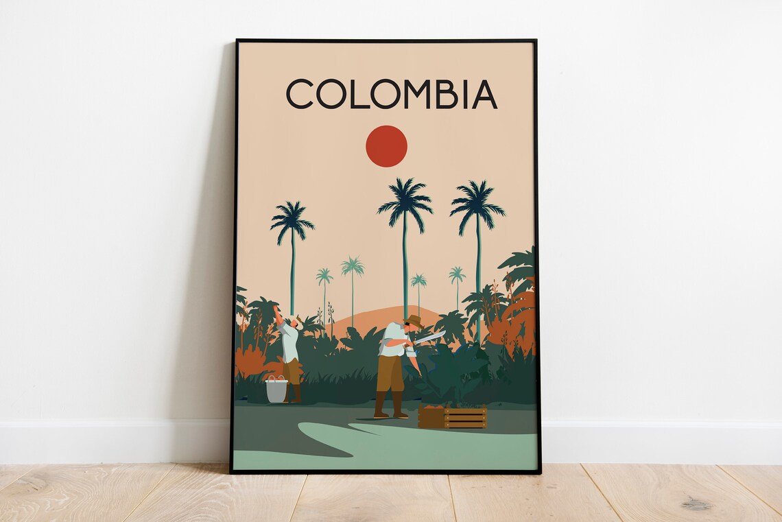 Colombia Travel Poster Coffee Harvest Farmers Palm Sunset Scene
