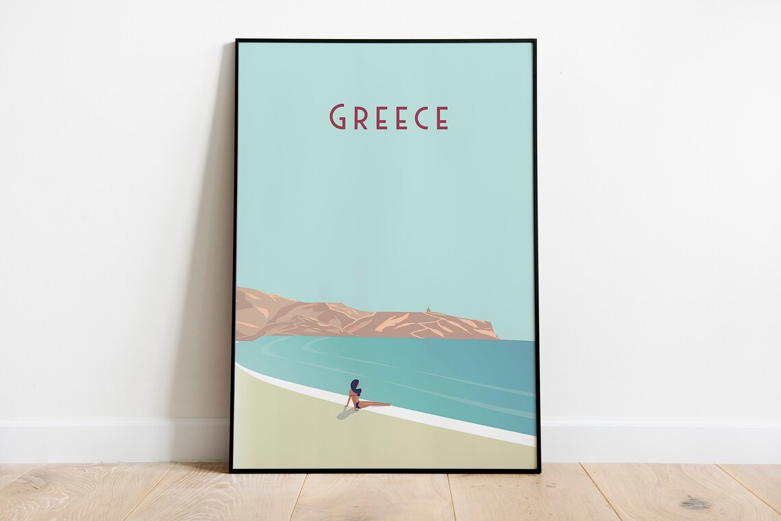 Greece Travel Poster Minimal Beach Scene Woman by the Sea Art