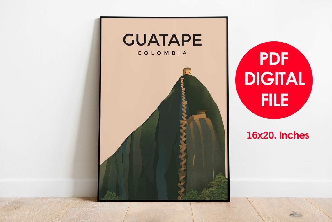 Guatape Colombia El Penon Rock Staircase Illustration Travel Poster