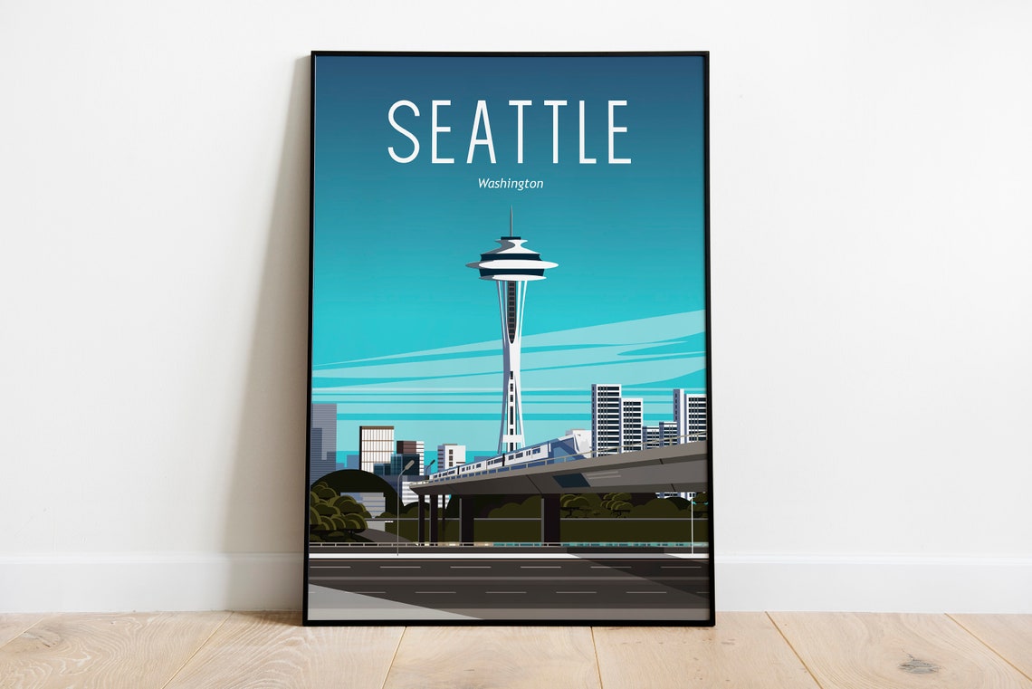Seattle Washington Travel Poster Space Needle Monorail City Art