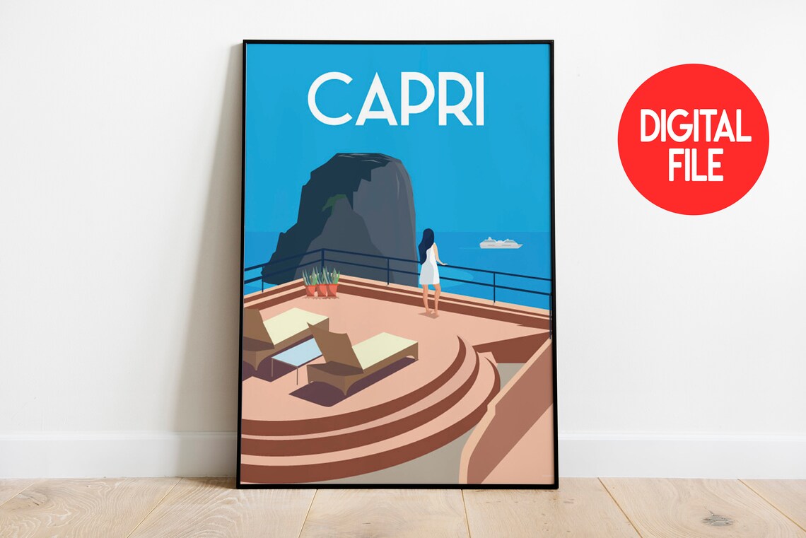 Capri Italy Faraglioni Rock Terrace Sea View Vintage Travel Poster