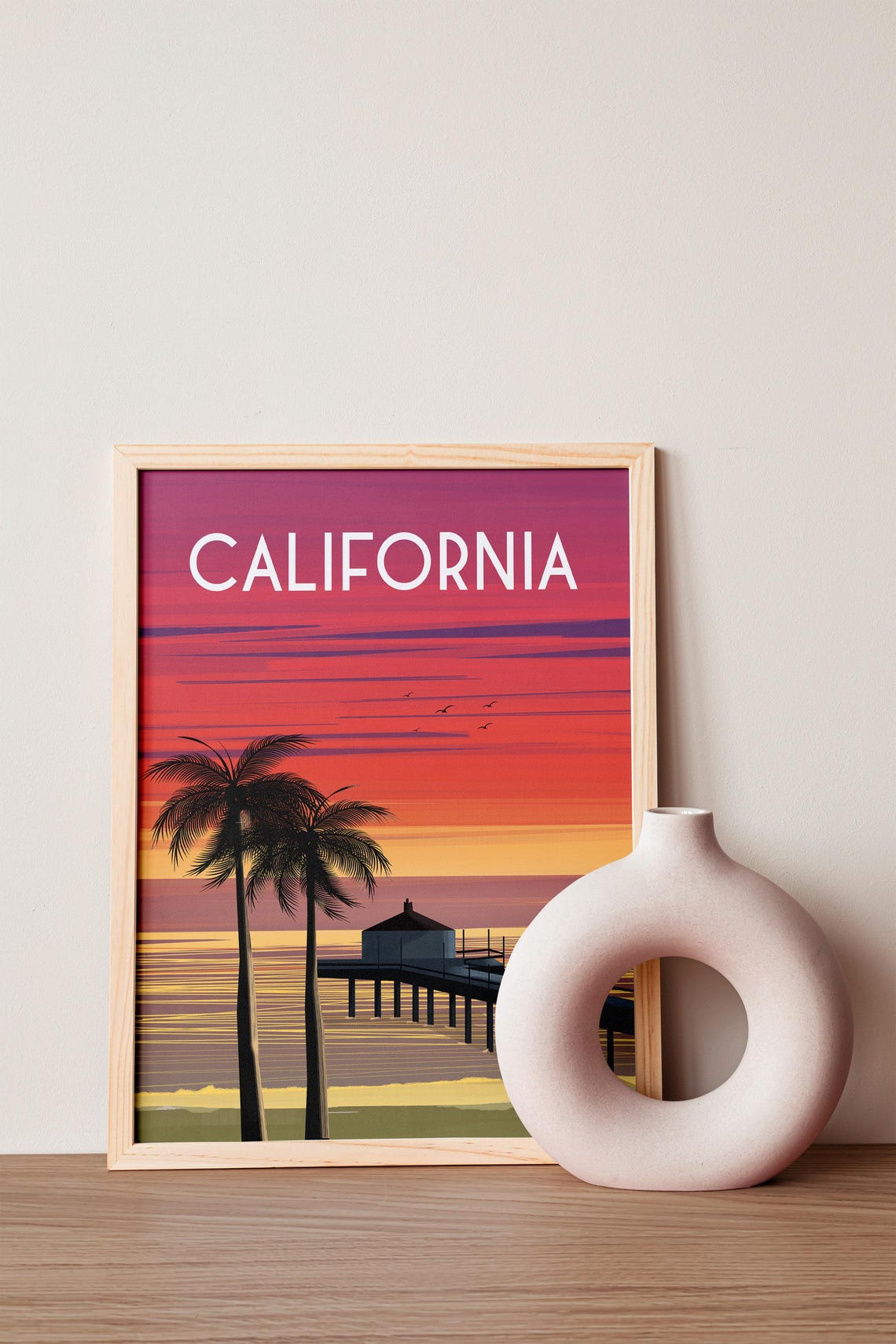California Travel Poster Sunset Beach Pier Palm Trees Coast Art - Image 2