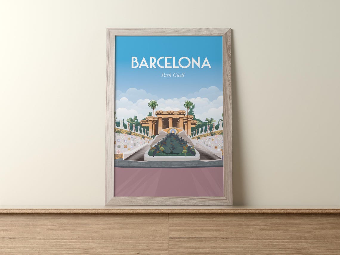 Barcelona Park Guell Mosaic Staircase Gaudi Spain Travel Art Poster - Image 3