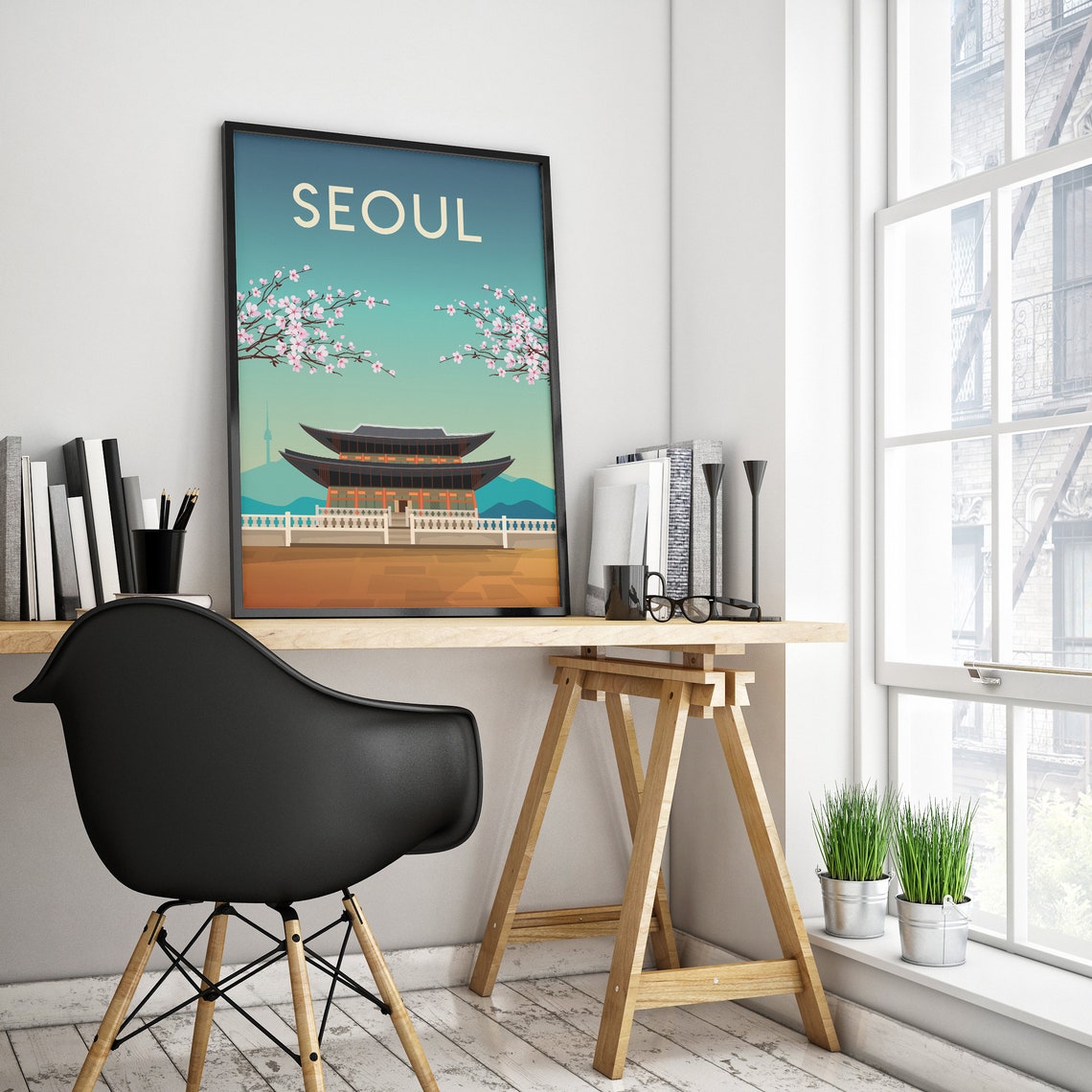 Seoul Korea Travel Poster Palace Spring Cherry Blossom Scene - Image 3