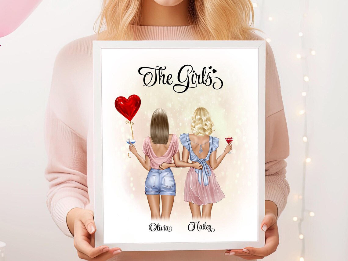 The Girls Heart Balloon Personalized Best Friends Portrait Poster