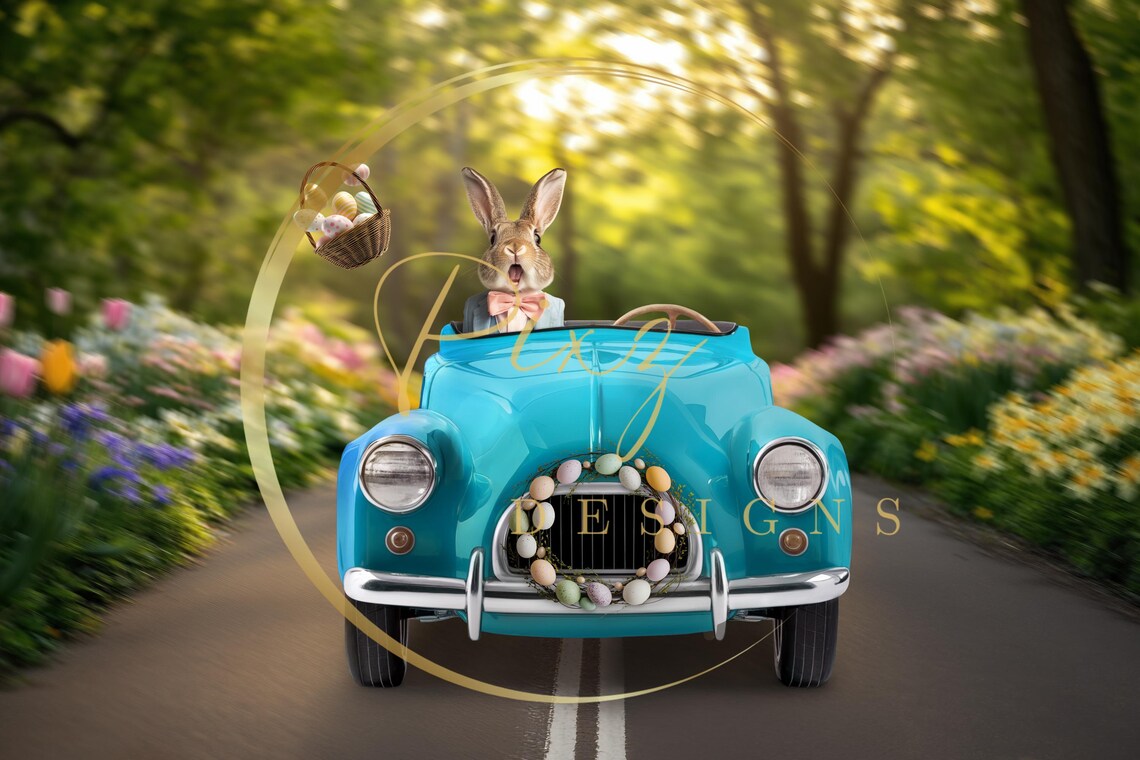 Spring Easter Bunny Car Background, Holiday Photography - Image 2