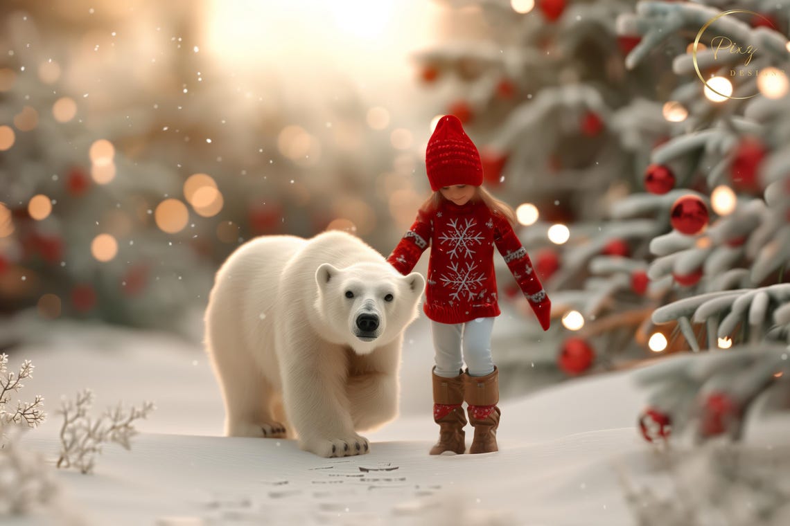 Polar Bear With Girl In Red Sweater Snowy Christmas Forest Scene