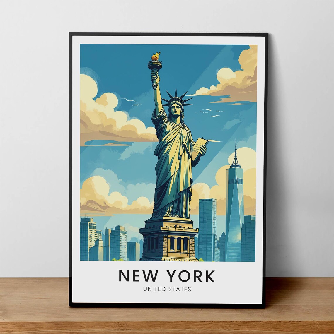 Statue Of Liberty New York City Skyline Retro Travel Poster Illustration