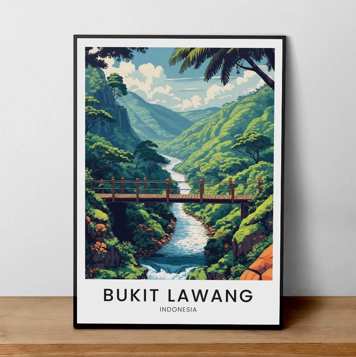 Bukit Lawang Indonesia Jungle Valley River Travel Poster With Bridge