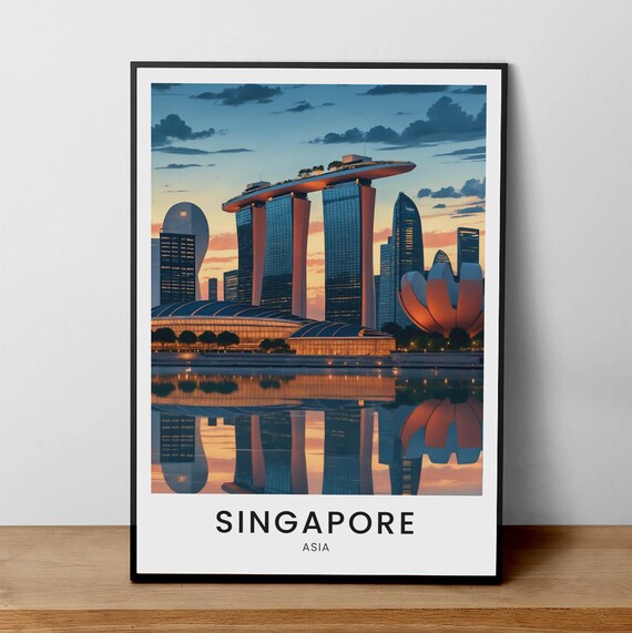 Singapore Marina Bay Sands Sunset Skyline Reflection City Poster