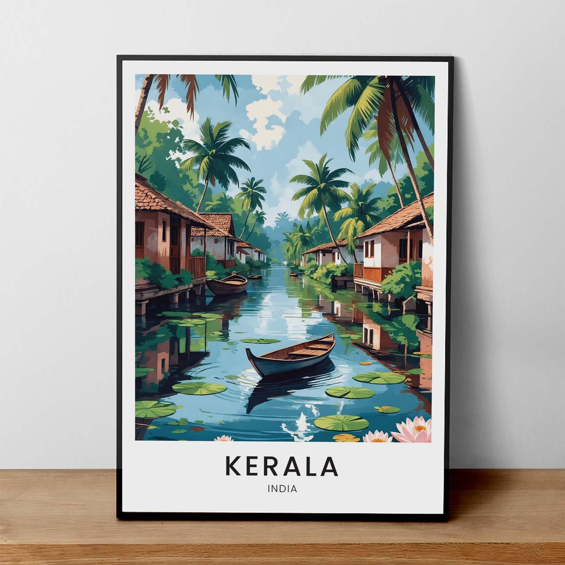 Kerala India Tropical Backwater Houseboat Palm Lagoon Travel Poster