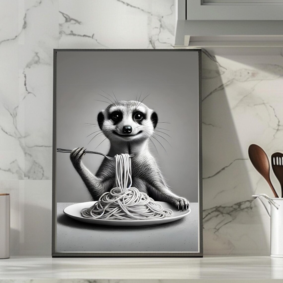 Funny Meerkat With Spaghetti, Humorous Kitchen Art Print