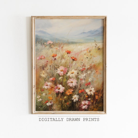 Wildflower Field Vintage Oil Painting, Floral Art Print