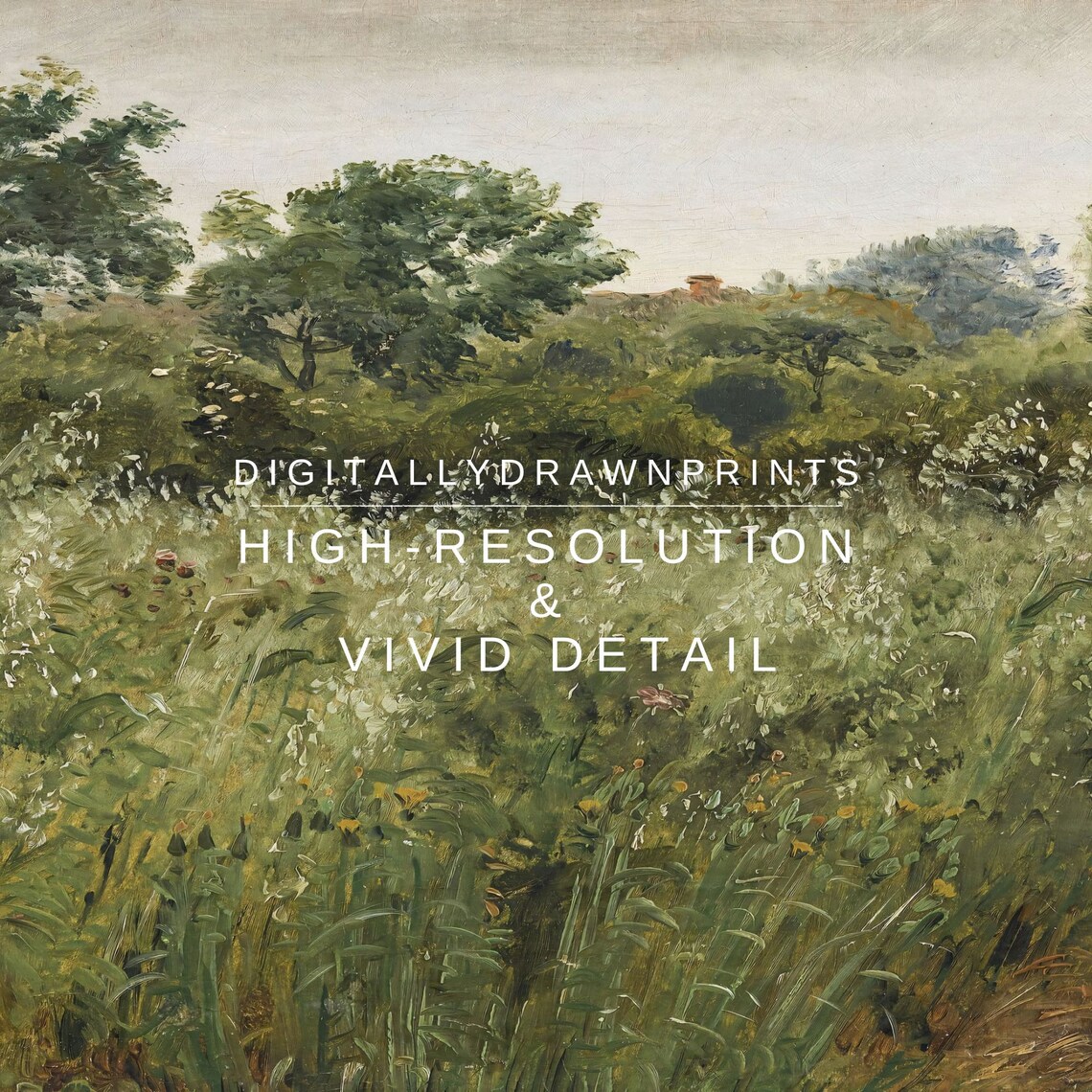 Lush Summer Meadow White Wildflowers Green Trees Vintage Landscape Poster - Image 2