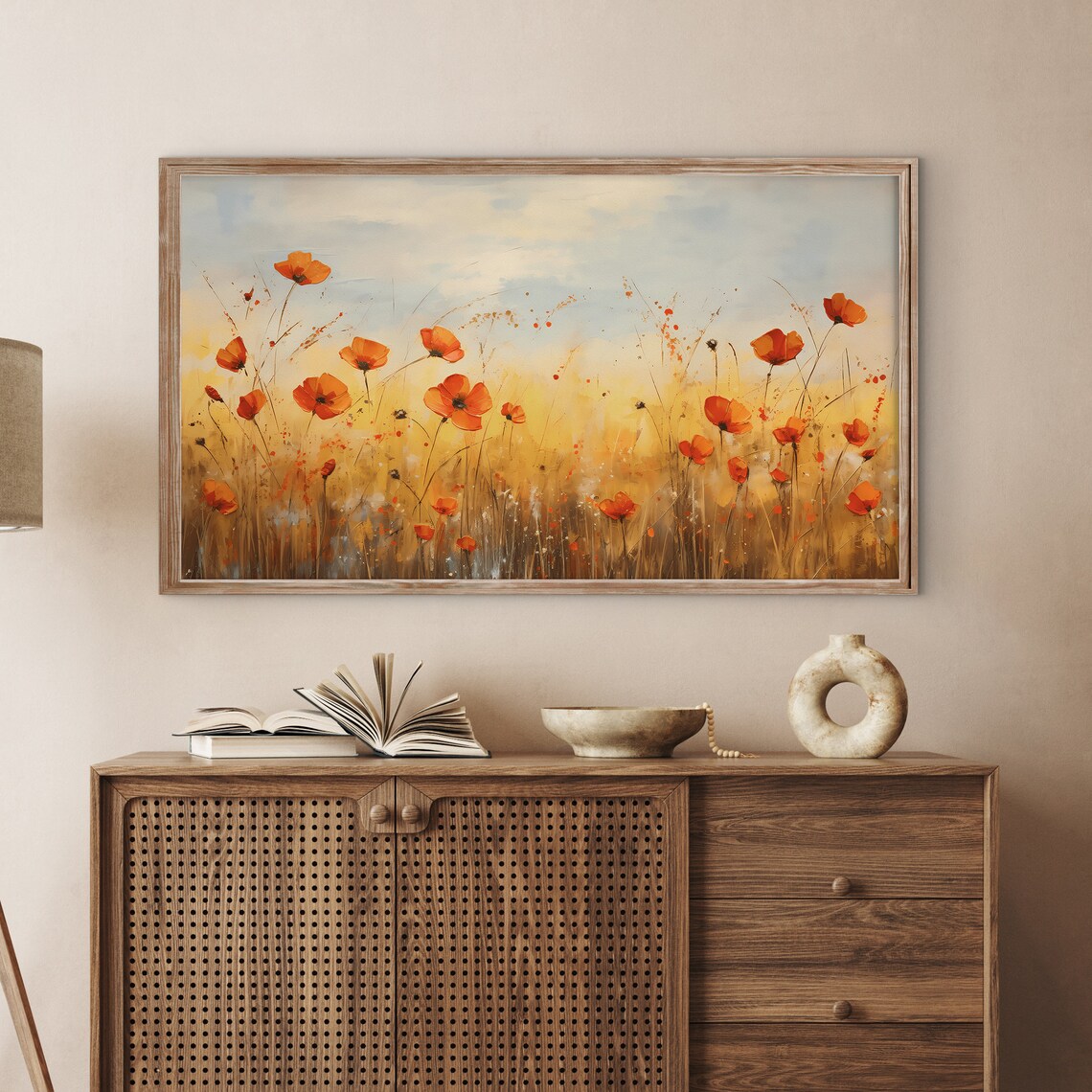 Spring Orange Poppies Field Soft Blue Sky Vintage Floral Print - Image 3