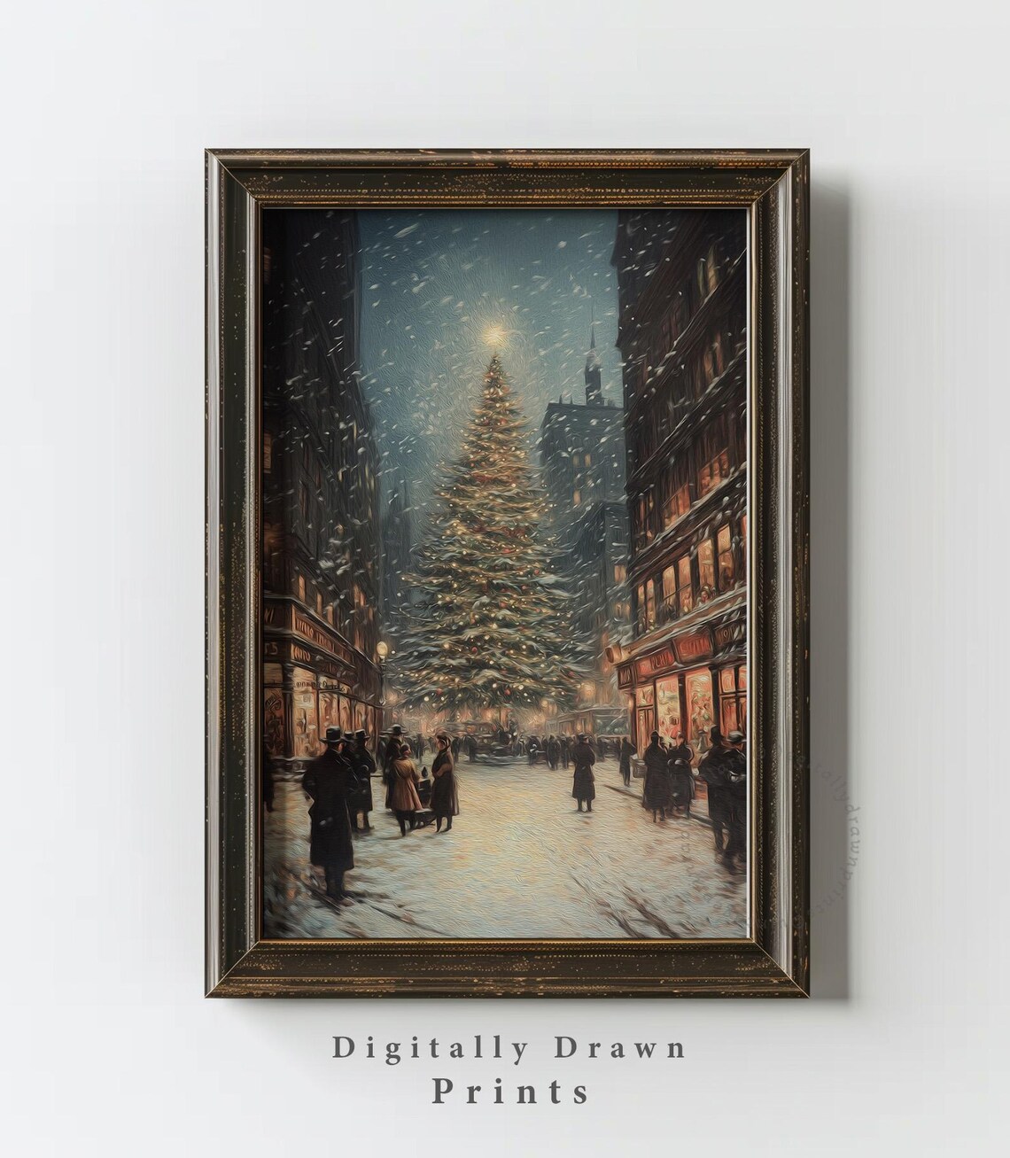 Vintage Christmas City Street Tree Snow Shoppers Golden Lights Poster - Image 2