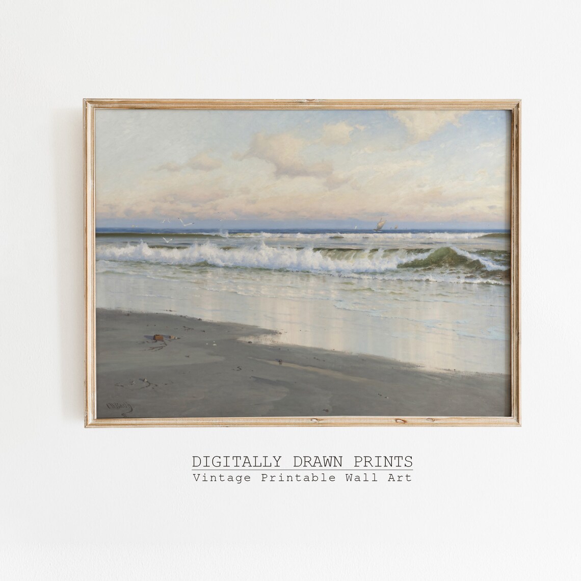 Antique Beach Neutral Seascape, Vintage Art Print