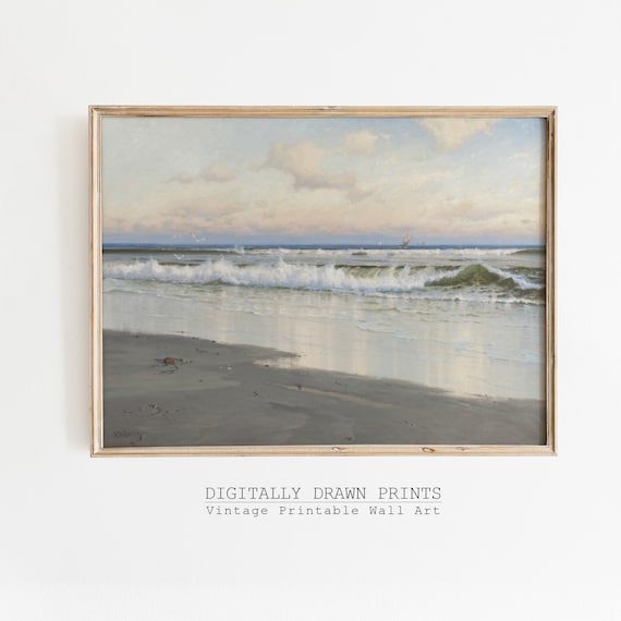 Antique Beach Neutral Seascape, Vintage Art Print