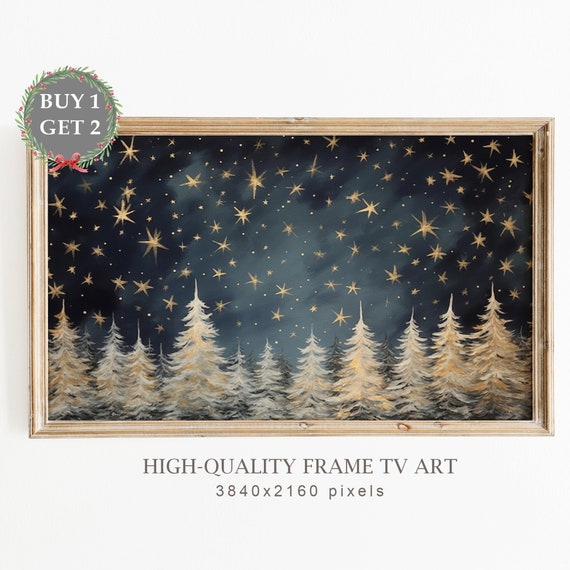 Christmas Frame Tv Art Snowy Pine Trees Under The Starry Night Winter Landscape Painting Holiday Farmhouse Decor Tv Art