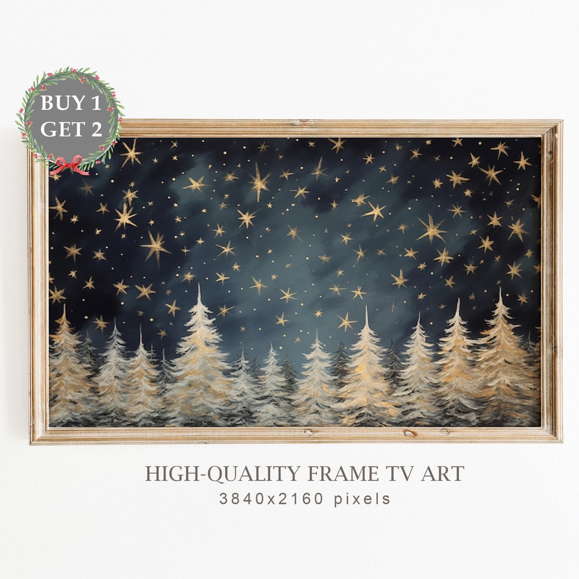 Golden Starry Night Pine Forest Christmas Night Sky Art Poster