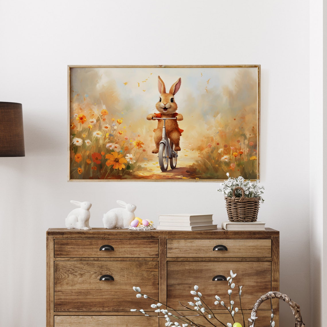Cute Bunny Riding Bicycle Flower Path Spring Easter Frame TV Art Print - Image 2