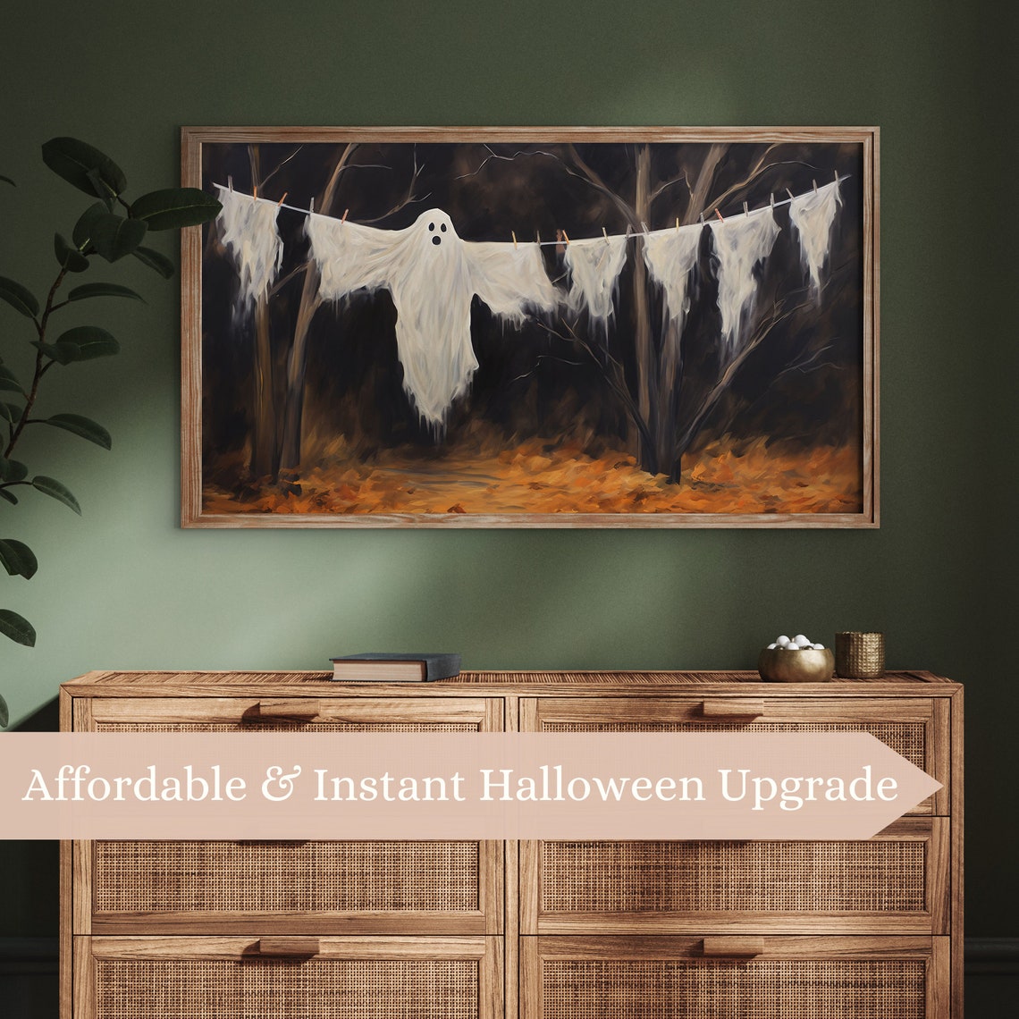 Sheet Ghosts Hanging On Clothesline Dark Forest Funny Halloween Poster - Image 3