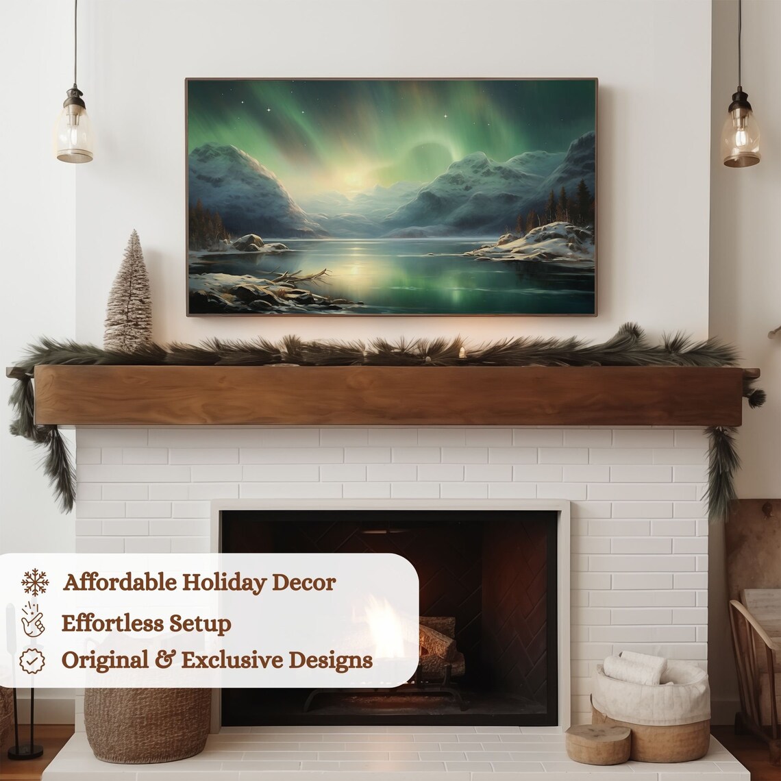 Northern Lights Oil Painting, Scandinavian Christmas Art Print - Image 3