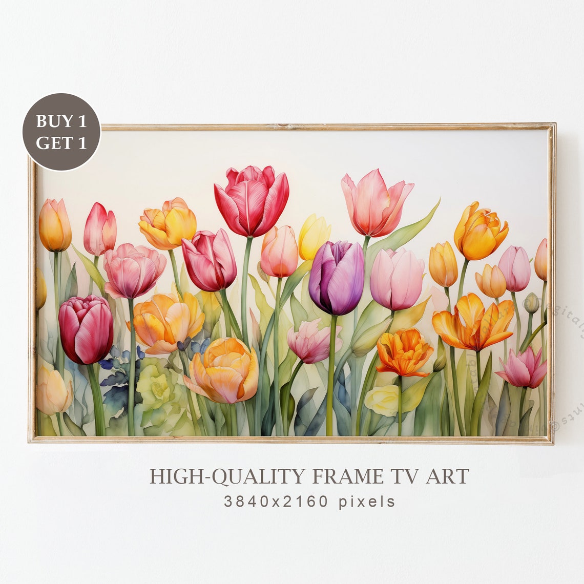 Frame Tv Art Spring Wildflower Field Oil Painting Country Floral Art Colorful Tulips Watercolor Tv Art