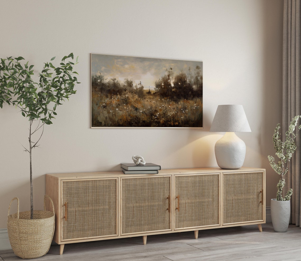 Moody Wildflower Meadow Dusk Golden Brown Field Landscape Poster - Image 3