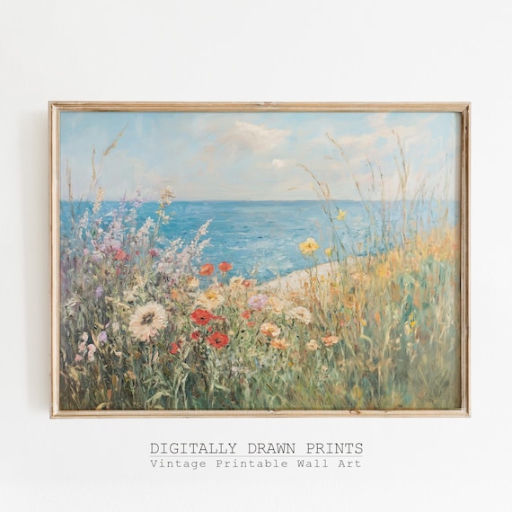 Coastal Wildflowers And Poppies By The Sea Vintage Floral Poster