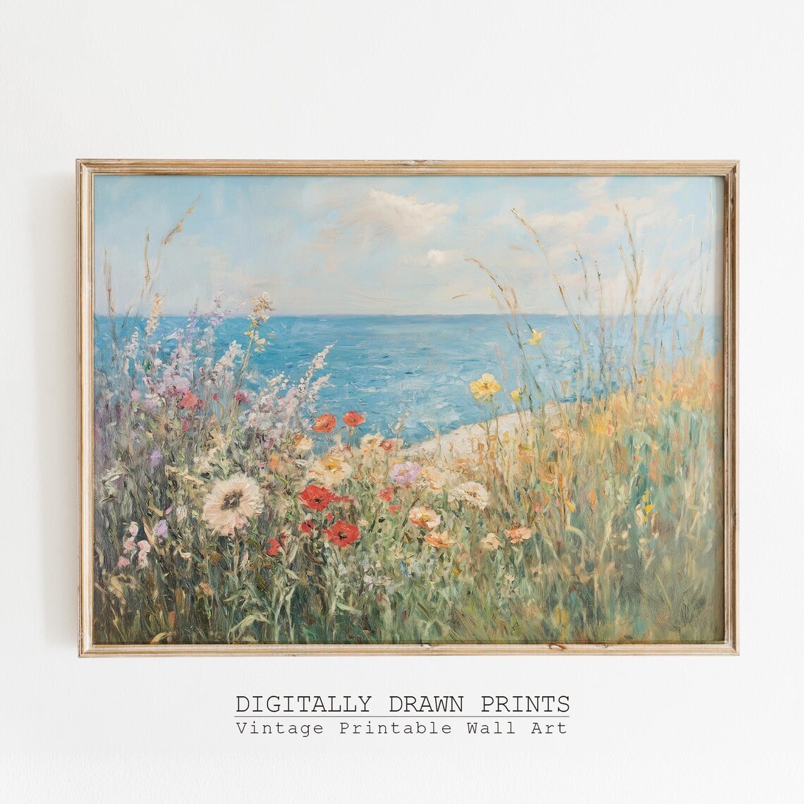 Coastal Wildflowers And Poppies By The Sea Vintage Floral Poster