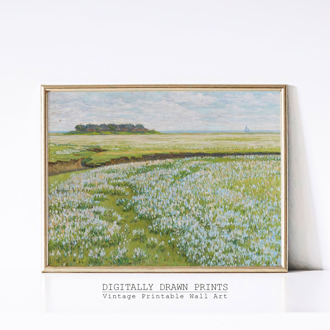 Sage Green Wildflower Field Landscape, Vintage Art Print