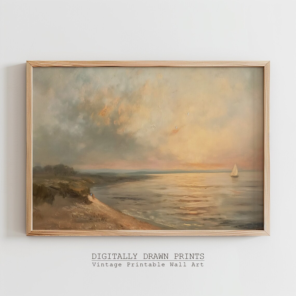 Golden Sunset Coastal Bay Sailboat Dunes Warm Vintage Seascape Art Poster