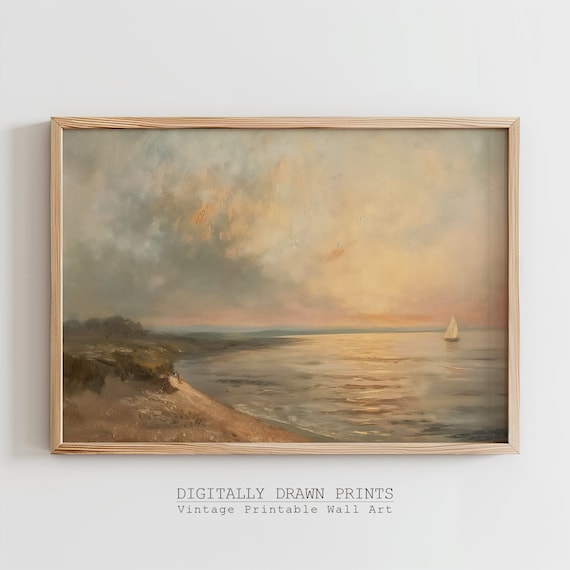Golden Sunset Coastal Bay Sailboat Dunes Warm Vintage Seascape Art Poster