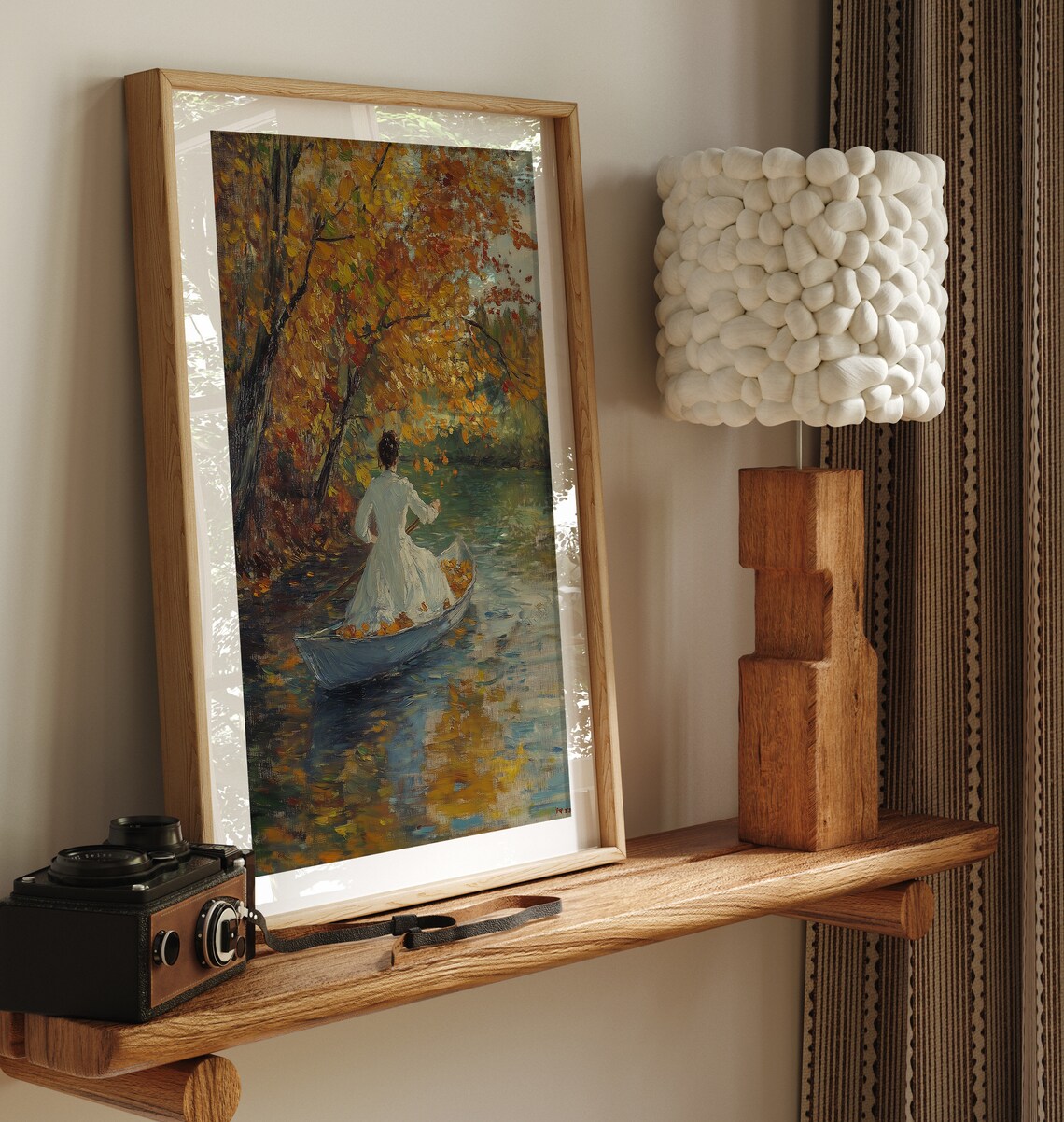 Vintage Autumn Woman in Boat Landscape Art Print - Image 4