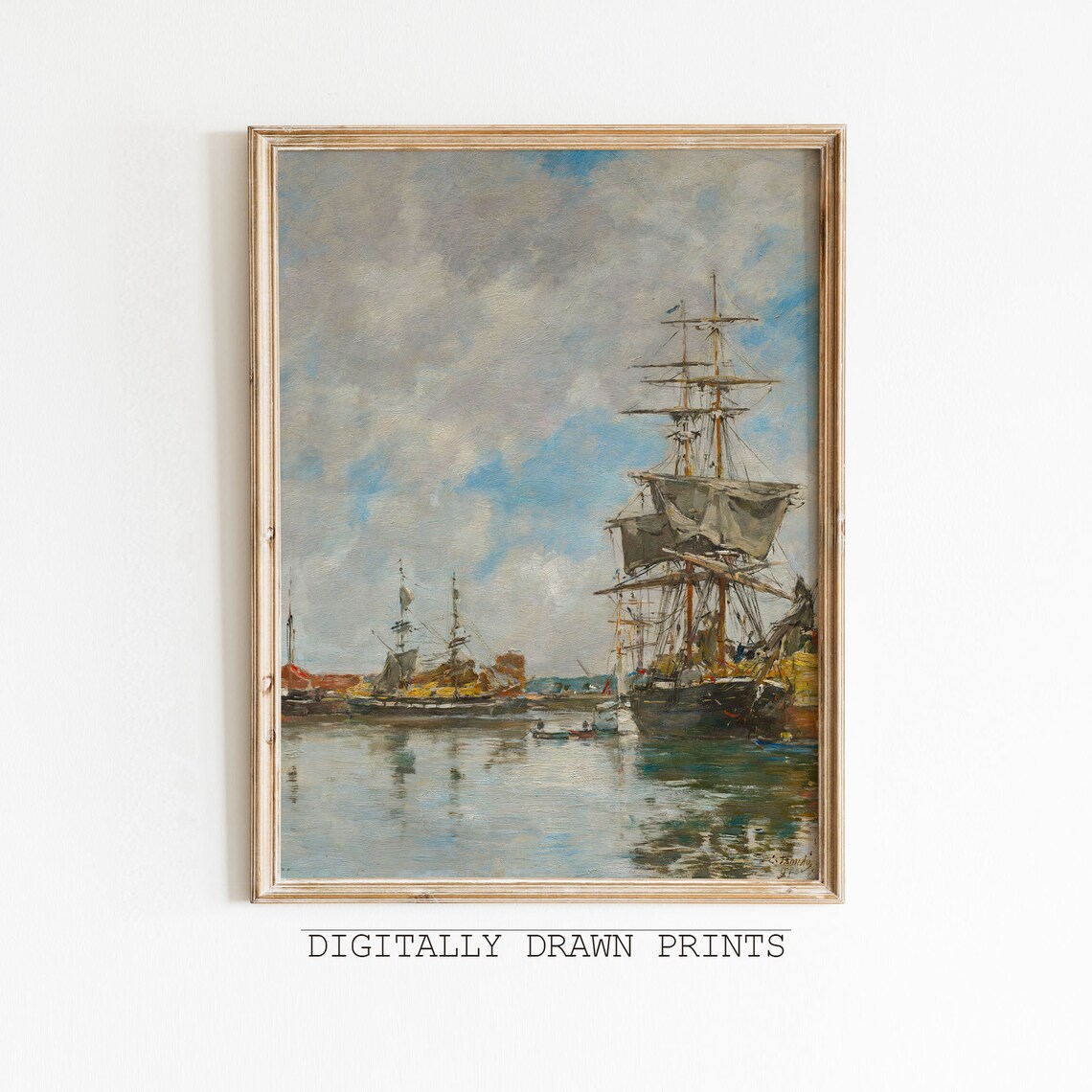 Antique Sailboat Painting, Vintage Coastal Wall Art