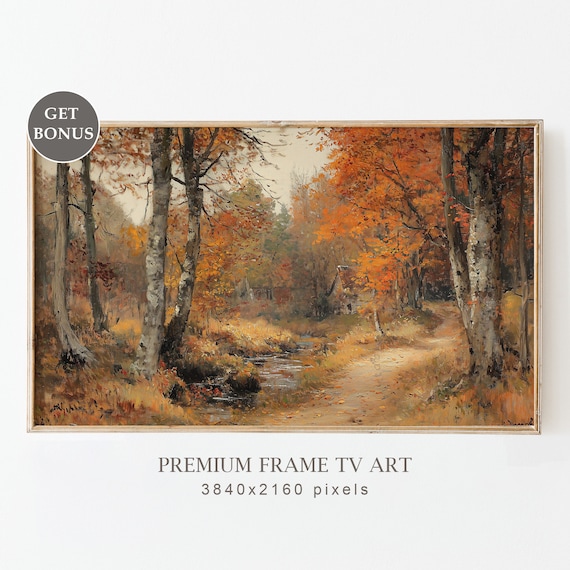 Vintage Autumn Forest Path Birch Trees Orange Foliage Poster