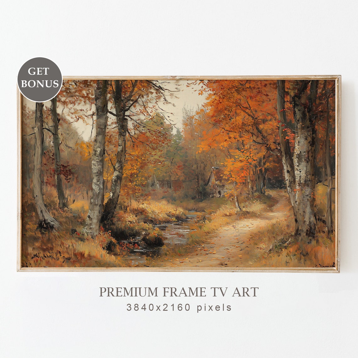 Vintage Autumn Forest Path Birch Trees Orange Foliage Poster
