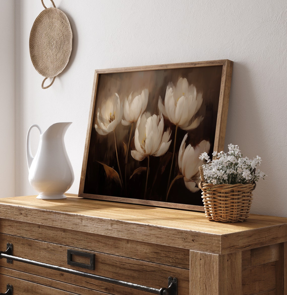 Dramatic Dark Moody White Tulips Chiaroscuro Botanical Art Print - Image 2