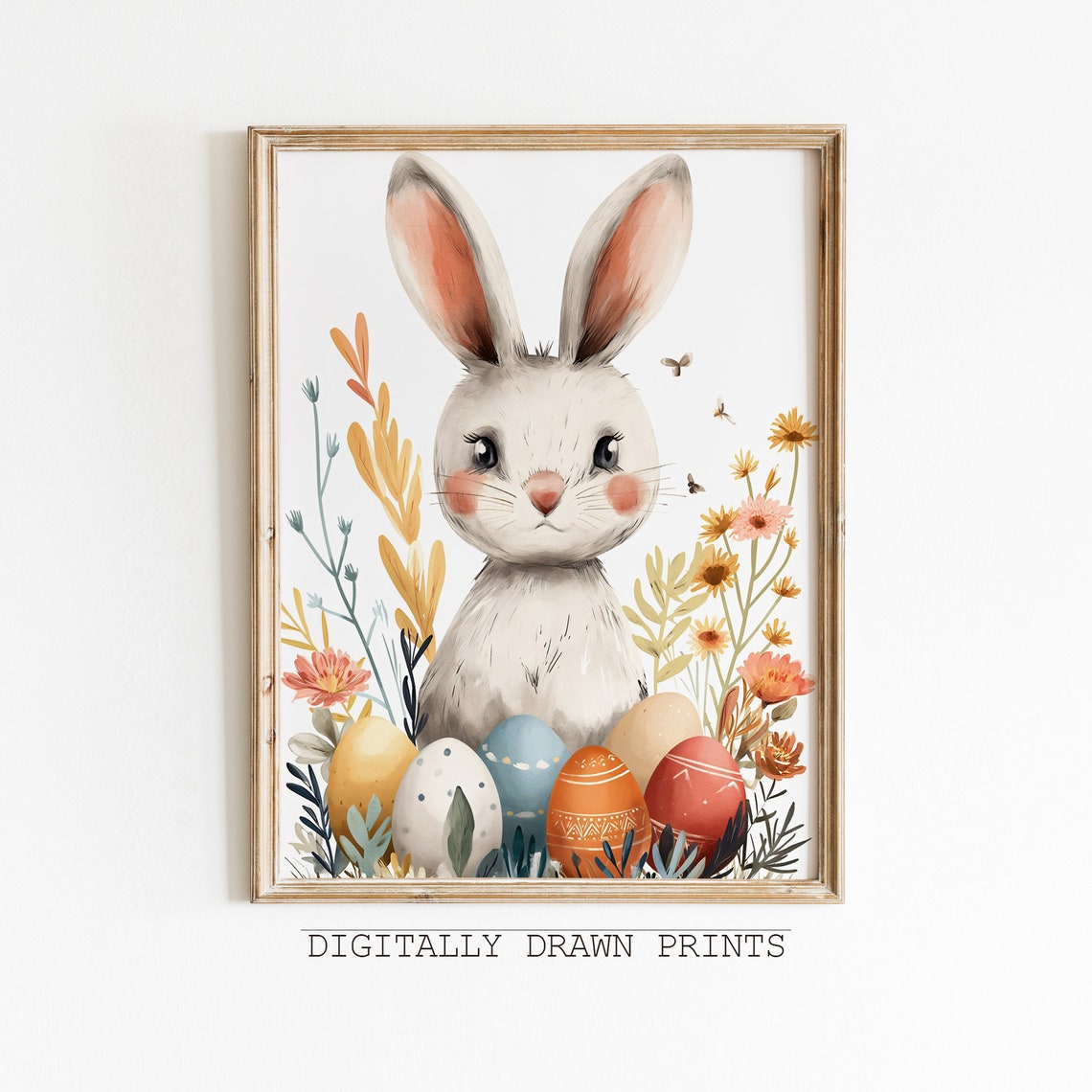 Cute Easter Bunny Wall Art Nursery Art Print Wildflowers Painting Spring Farmhouse Decor Cottagore Wall Art