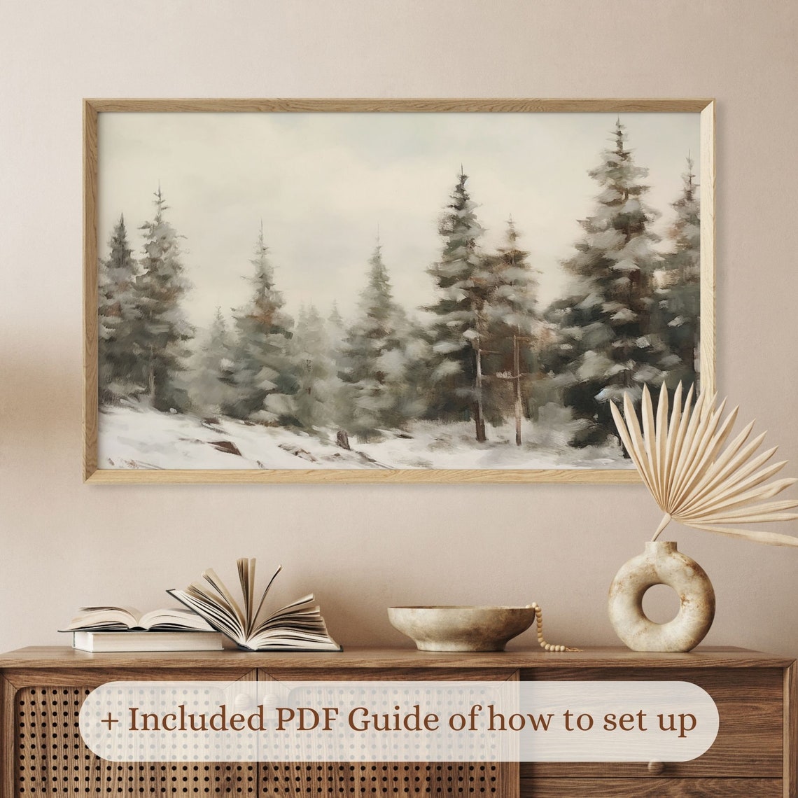 Snowy Pine Trees Neutral Winter Forest Landscape Scene Art Poster - Image 2