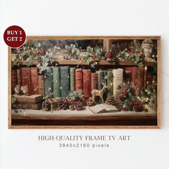 Christmas Bookshelf Vintage Holiday Art Print