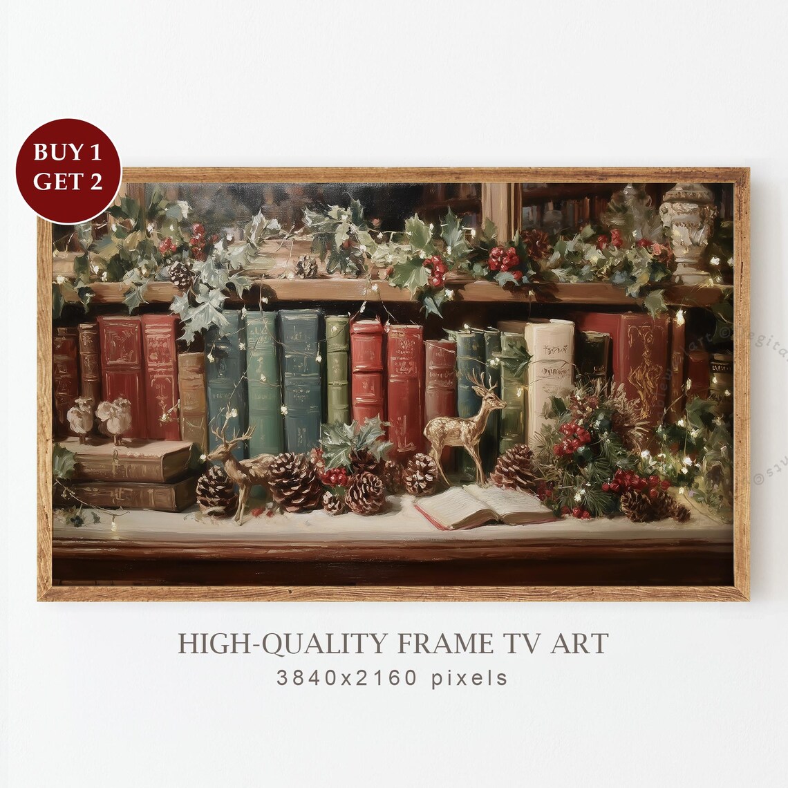 Christmas Bookshelf Vintage Holiday Art Print
