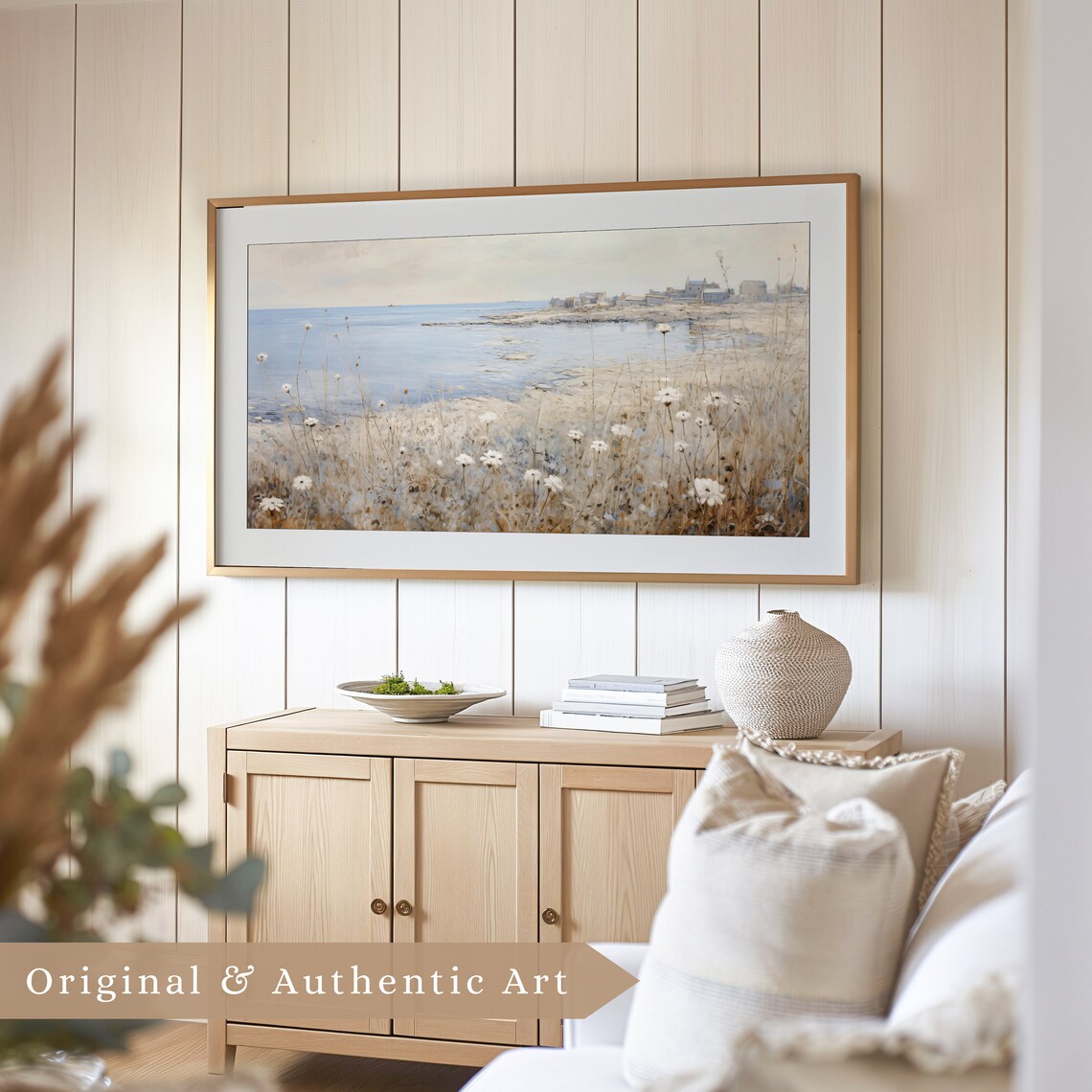Wildflowers Above Quiet Coastal Shore Village Neutral Vintage Scenery Poster - Image 4