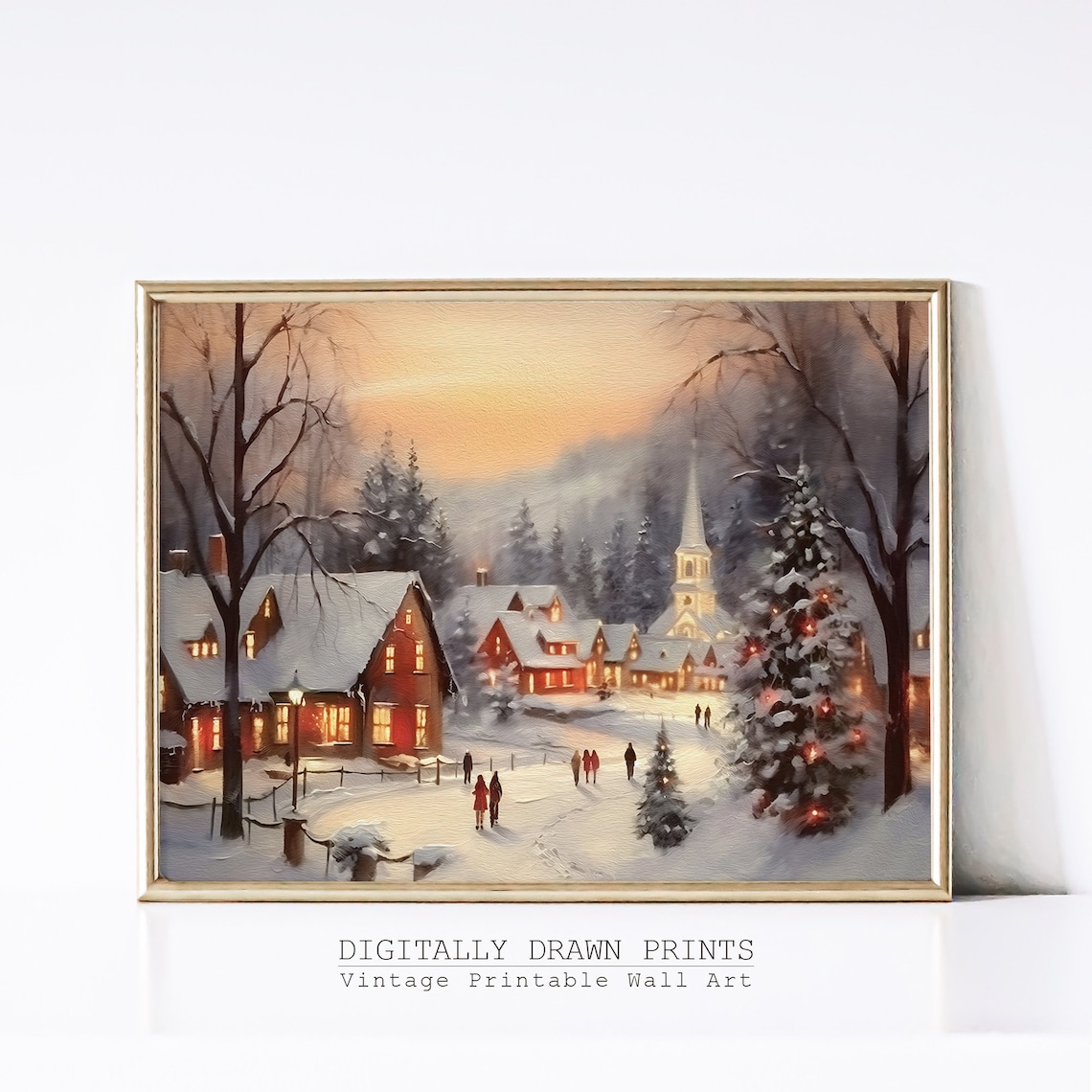 Christmas Village Oil Painting, Farmhouse Holiday Art Print