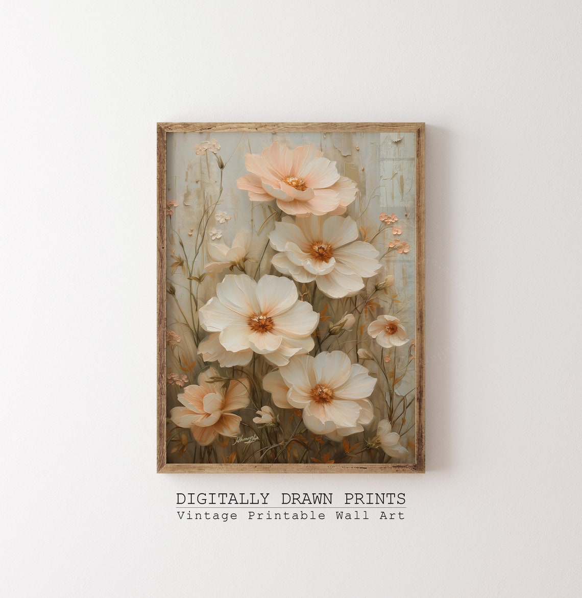 Wildflower Field Landscape Oil Painting Vintage Floral Farmhouse Pinky Cosmos Flowers Spring Neutral Wall Art Print - Image 3