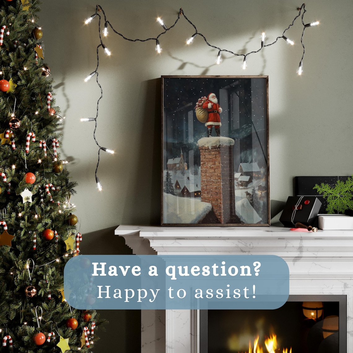 Vintage Santa On The Rooftop Christmas Art Print - Image 4