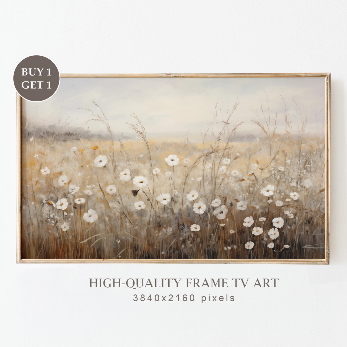 Moody White Cosmos Misty Golden Meadow Neutral Spring Wall Art